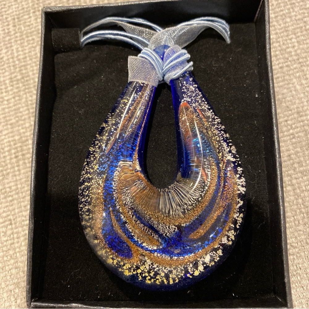 BNIB Hand Made Murano Glass Pendant Blue and Silver with Gold